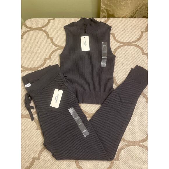 Calvin Klein Jeans Soft Ribbed Knit Joggers & mockneck top gray SET, size M, NWT - Picture 1 of 11